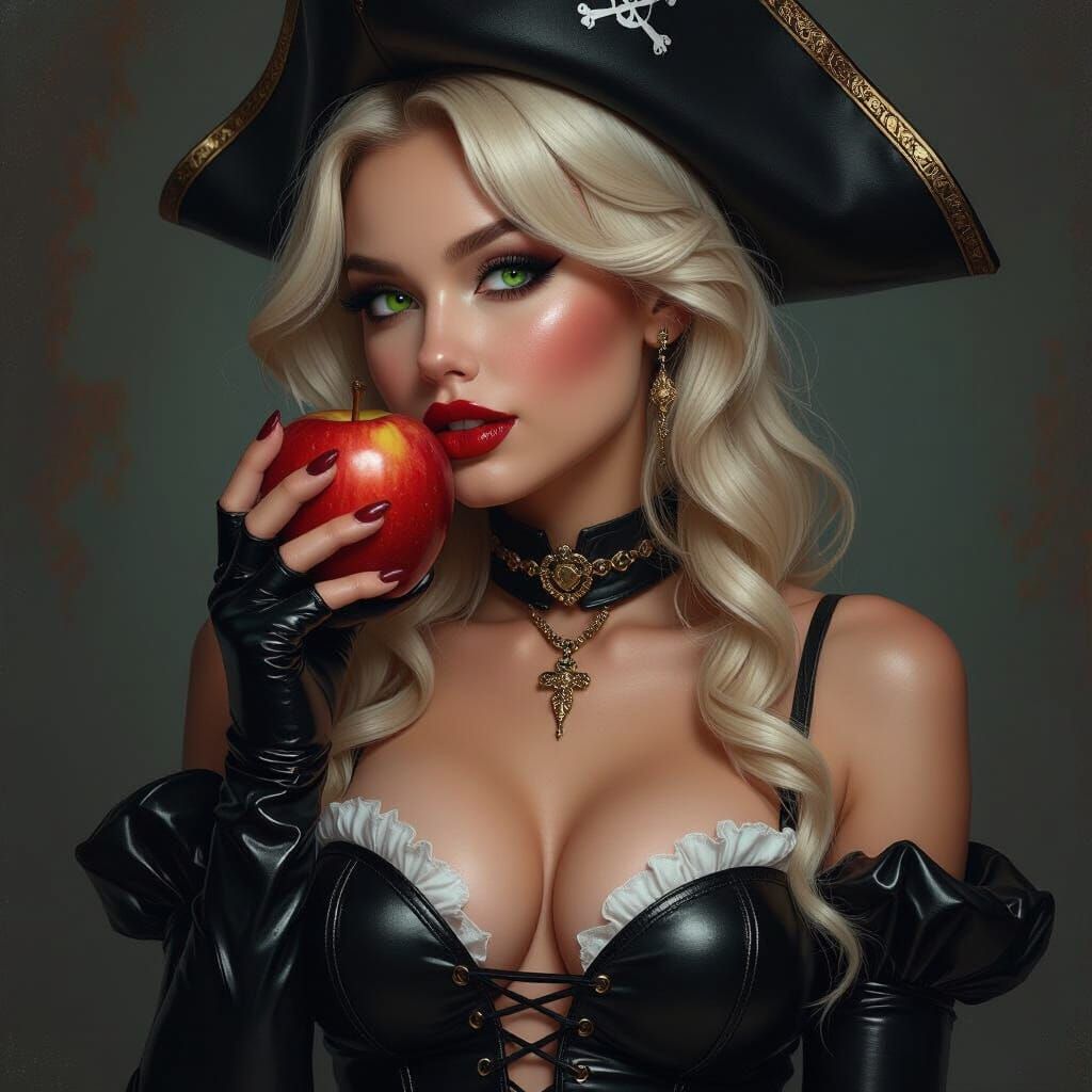 Demonic Pirate Woman in Latex, Biting an Apple