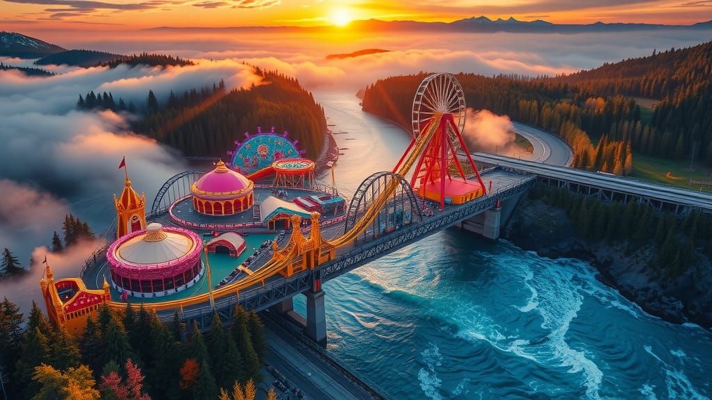 Colorful Amusement Park Bridges River in Hyperrealism