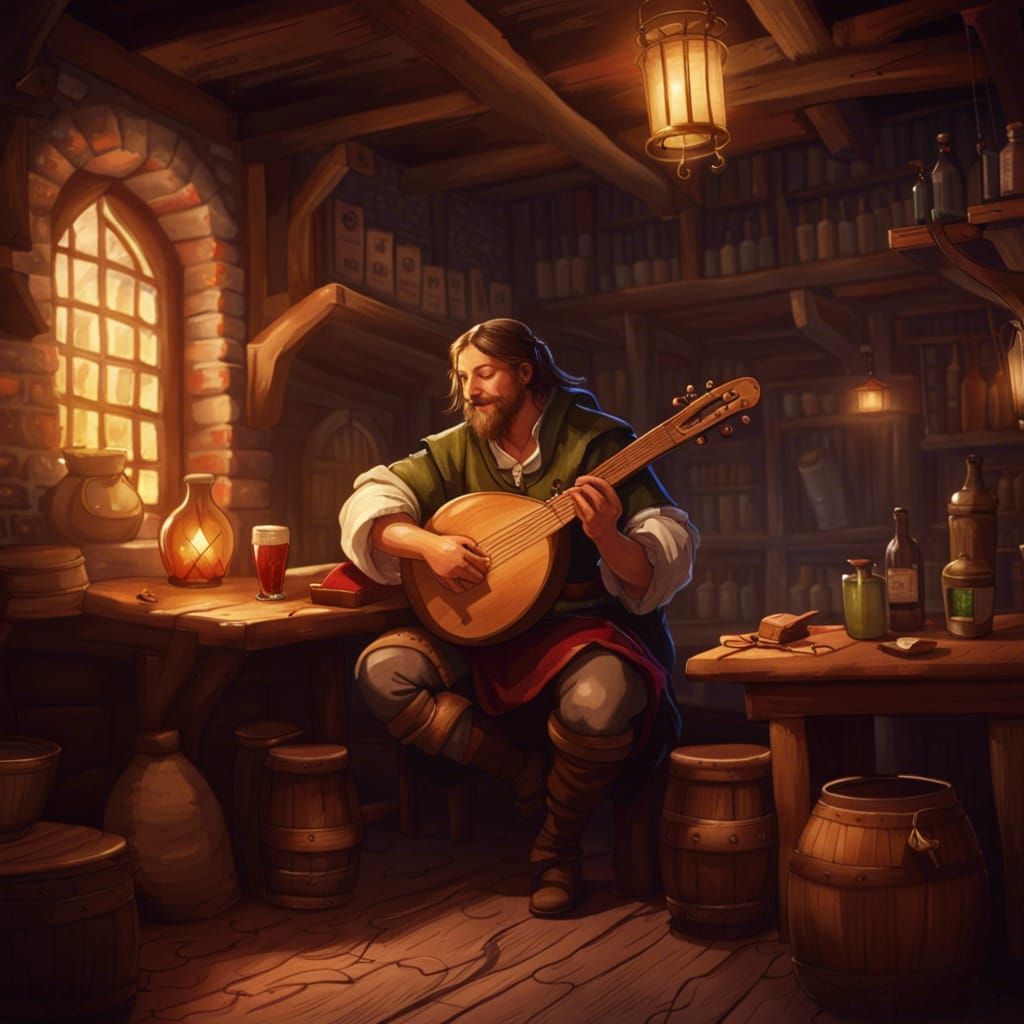 Magical Bard Plays Lute in Cozy Tavern