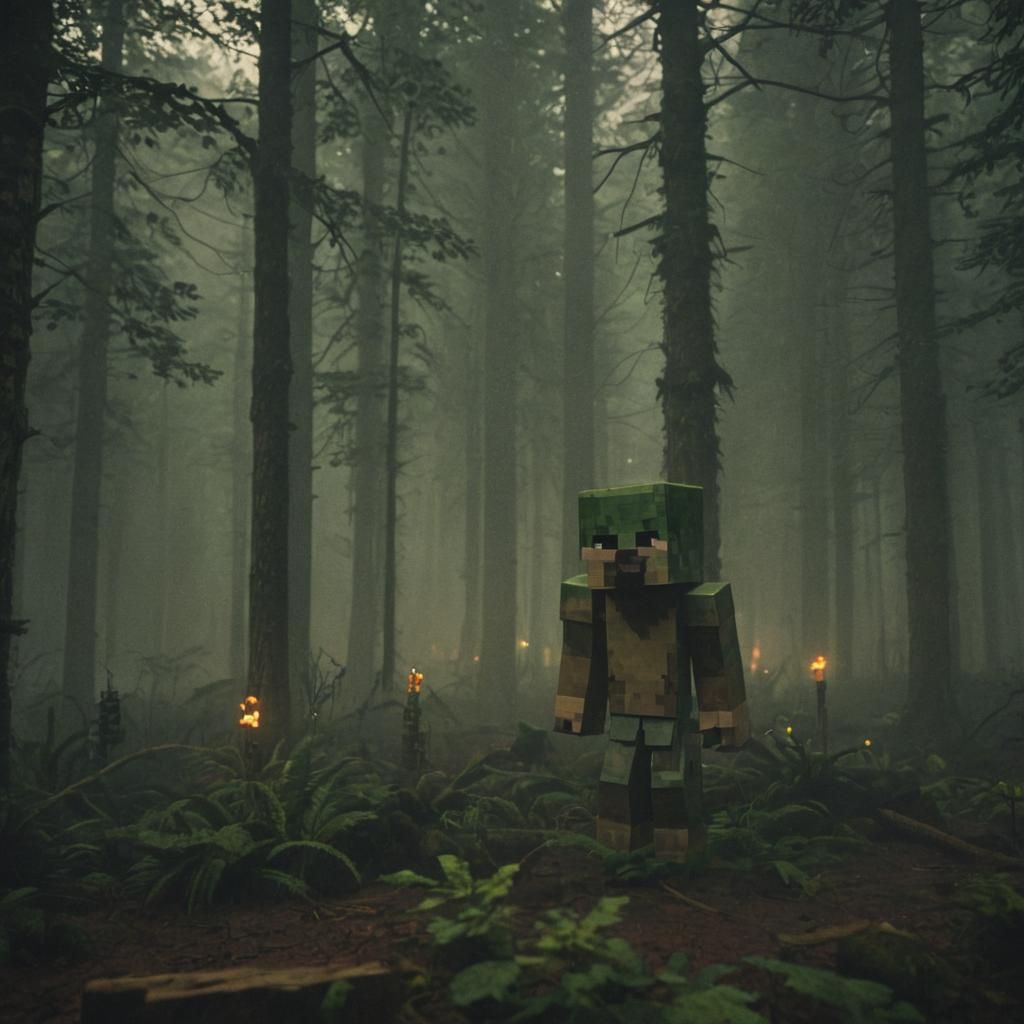 Ethereal Blocky Figure Emerges in Misty Twilight