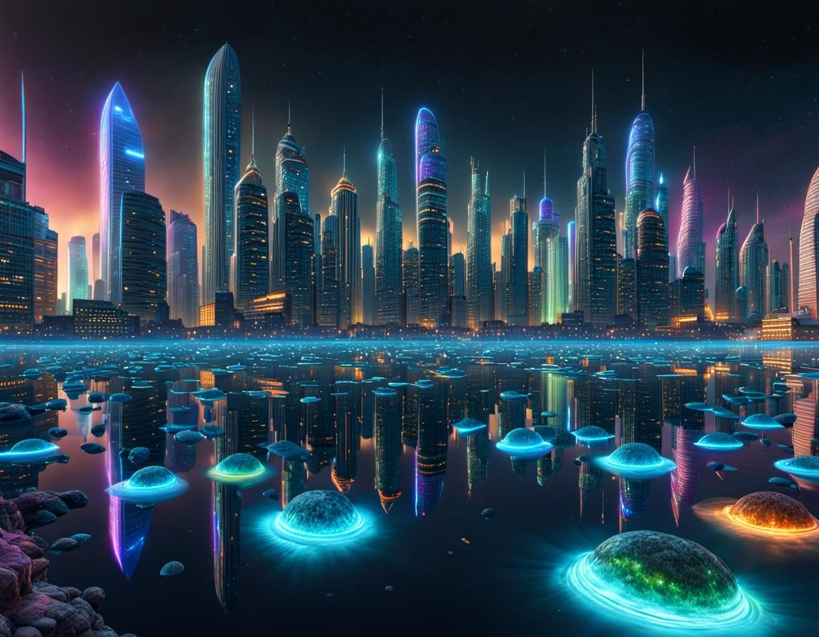 Bioluminescent Underwater City at Night in Cyberpunk Style