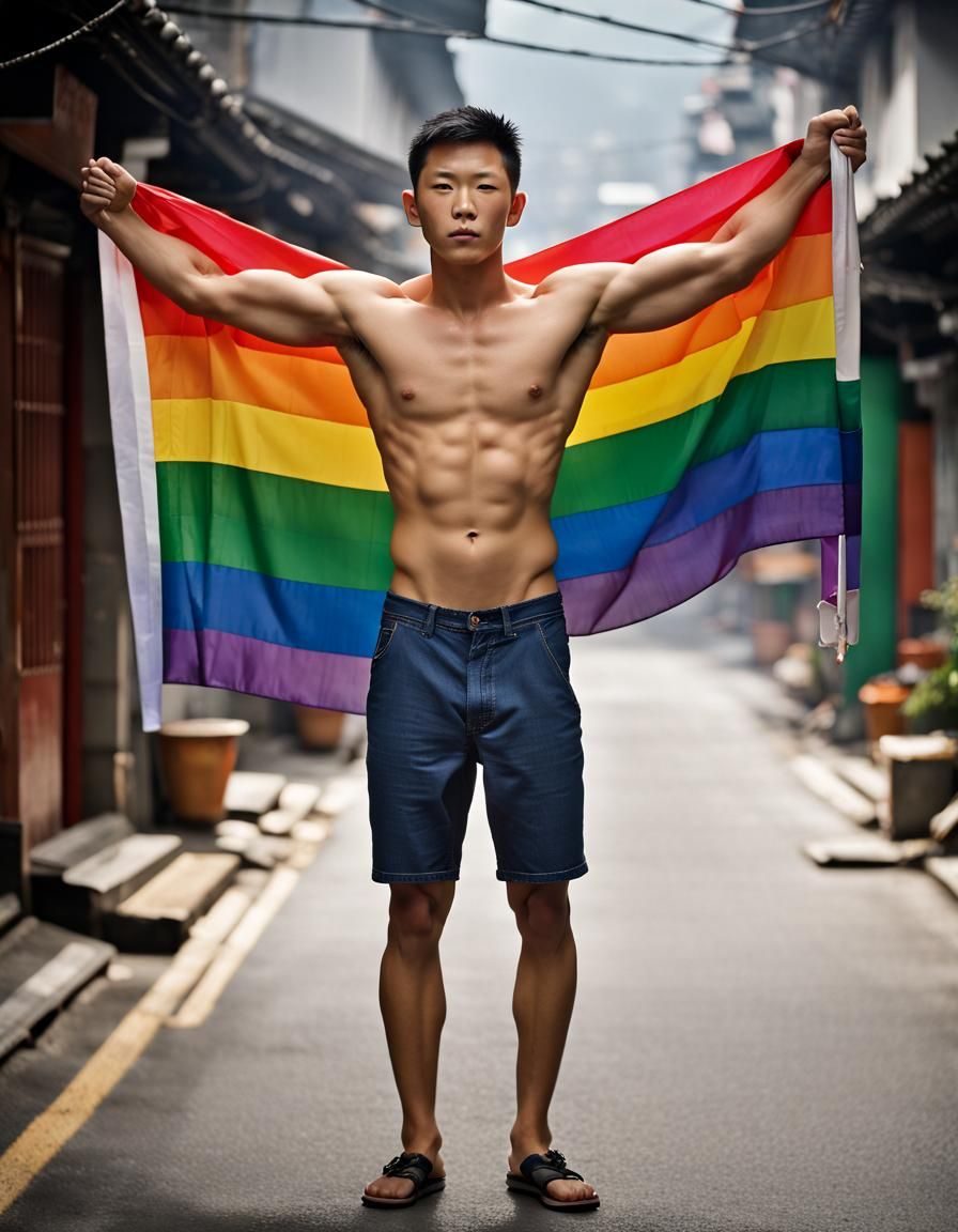 Shirtless Man with Rainbow Flag: Portrait Photography