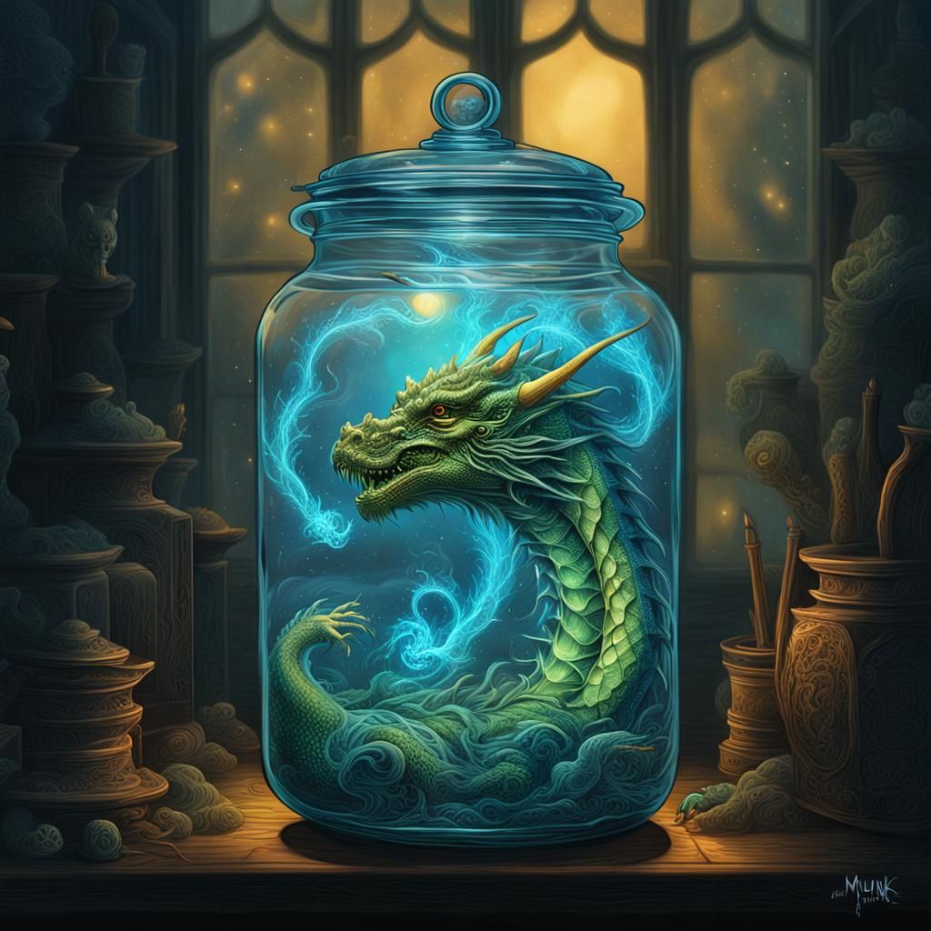 Dragon in a Jar: Bioluminescent Fantasy Art