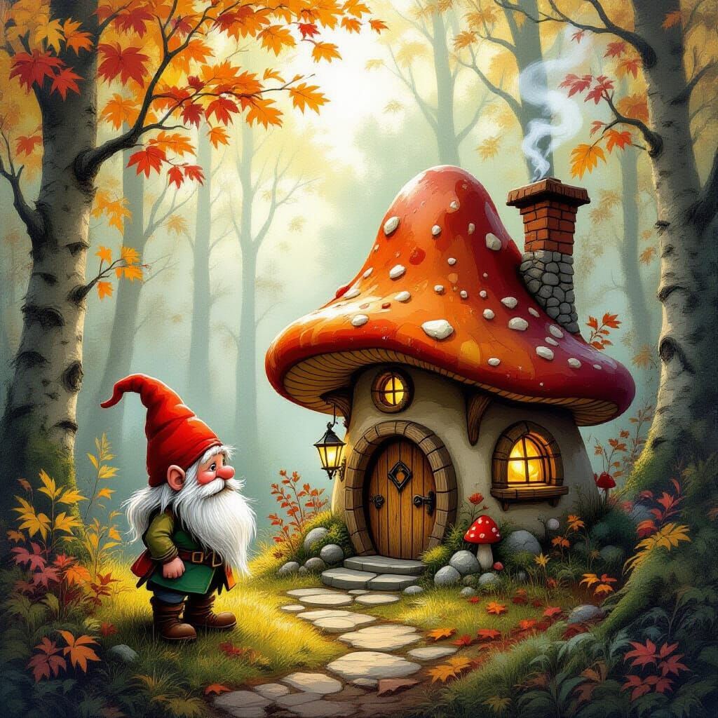 Friendly Gnome in Autumn Forest with Mushroom House