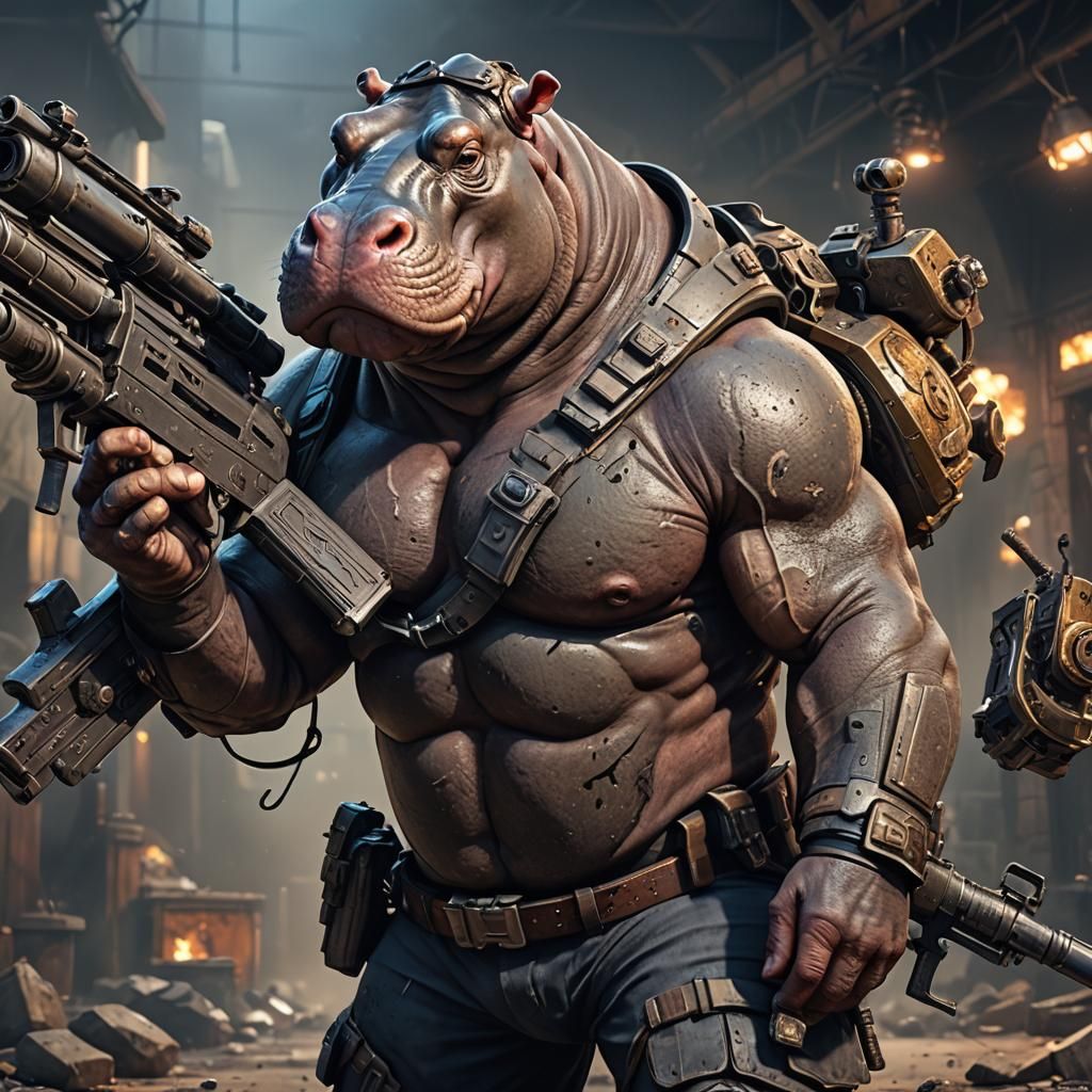 A hyper realistic portrait of a muscular Hippo humanoid DND character with an overly large gun slung over his shoulder