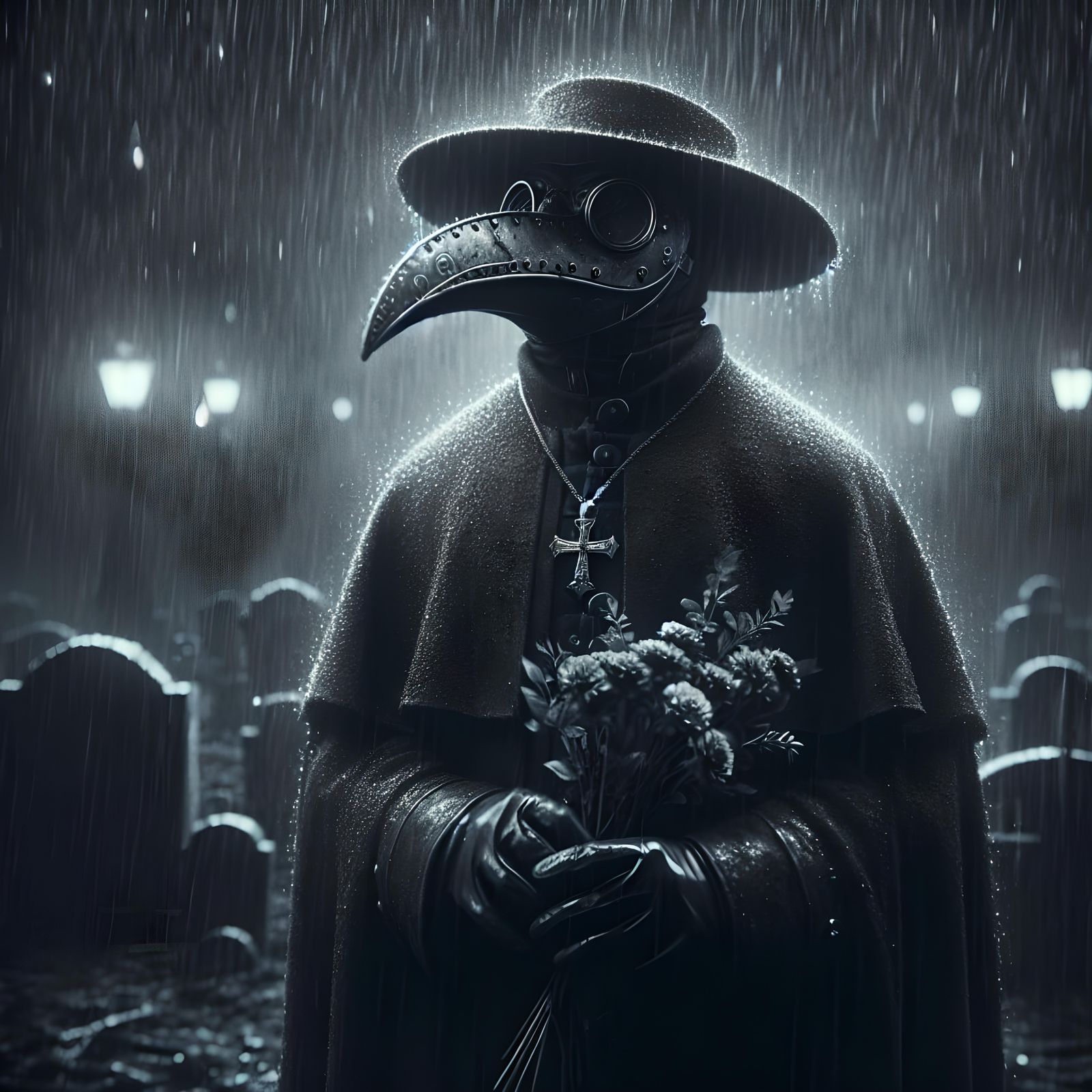 Plague Doctor Mourns in Rainy Graveyard Scene