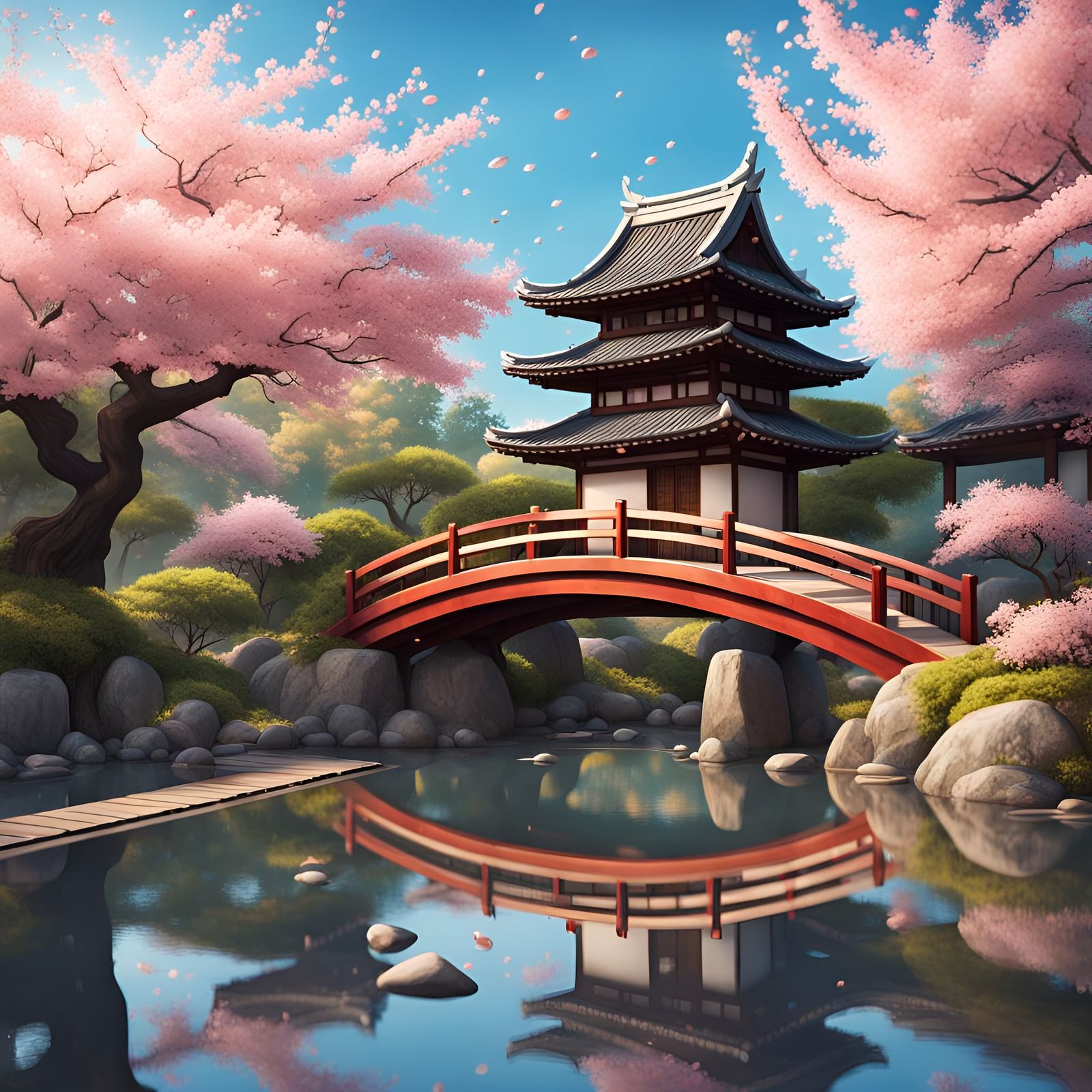 Serene Japanese Garden with Cherry Blossoms