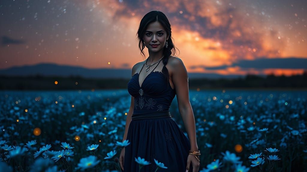 Lara Croft in Sapphire Gown Amidst Glowing Flowers