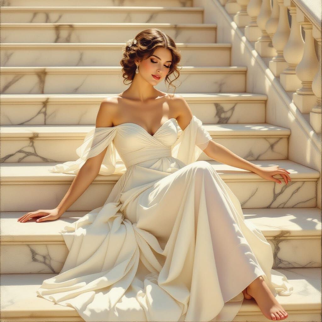 Elegant Woman on Marble Steps in Art Nouveau Style