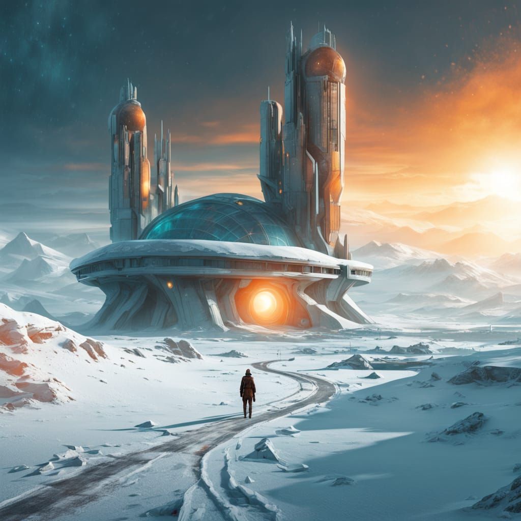 Futuristic Research Outpost on a Barren Snowy Planet