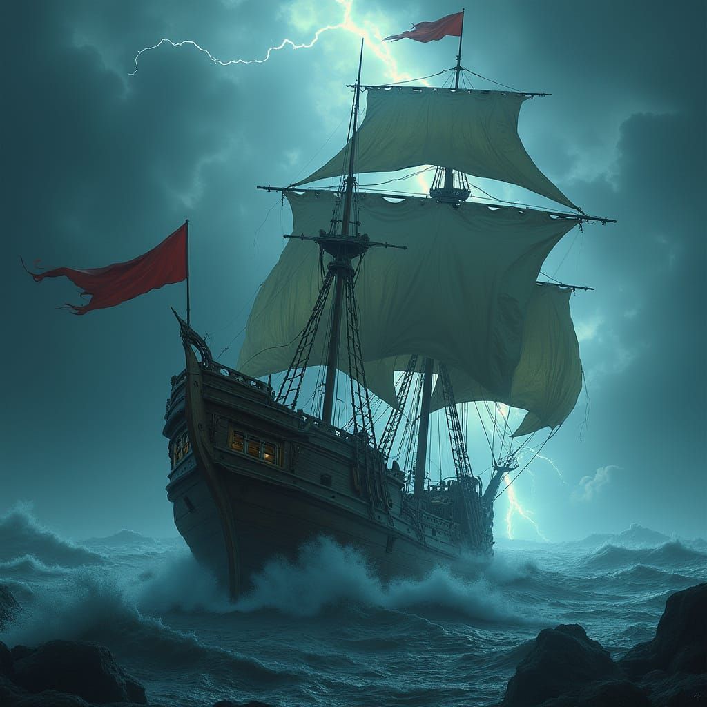 Mystical Ship in Stormy Seas