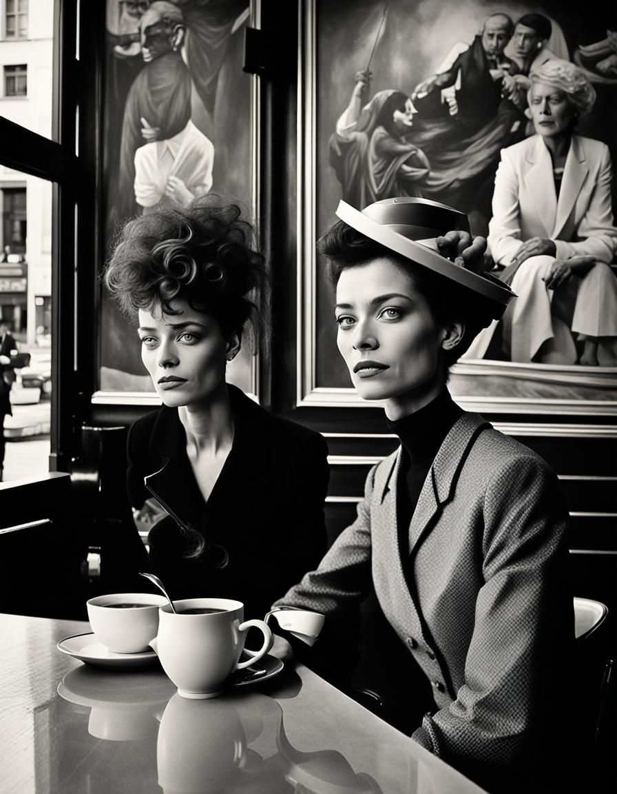 Expressive Woman in Cafe with Bizarre Painting