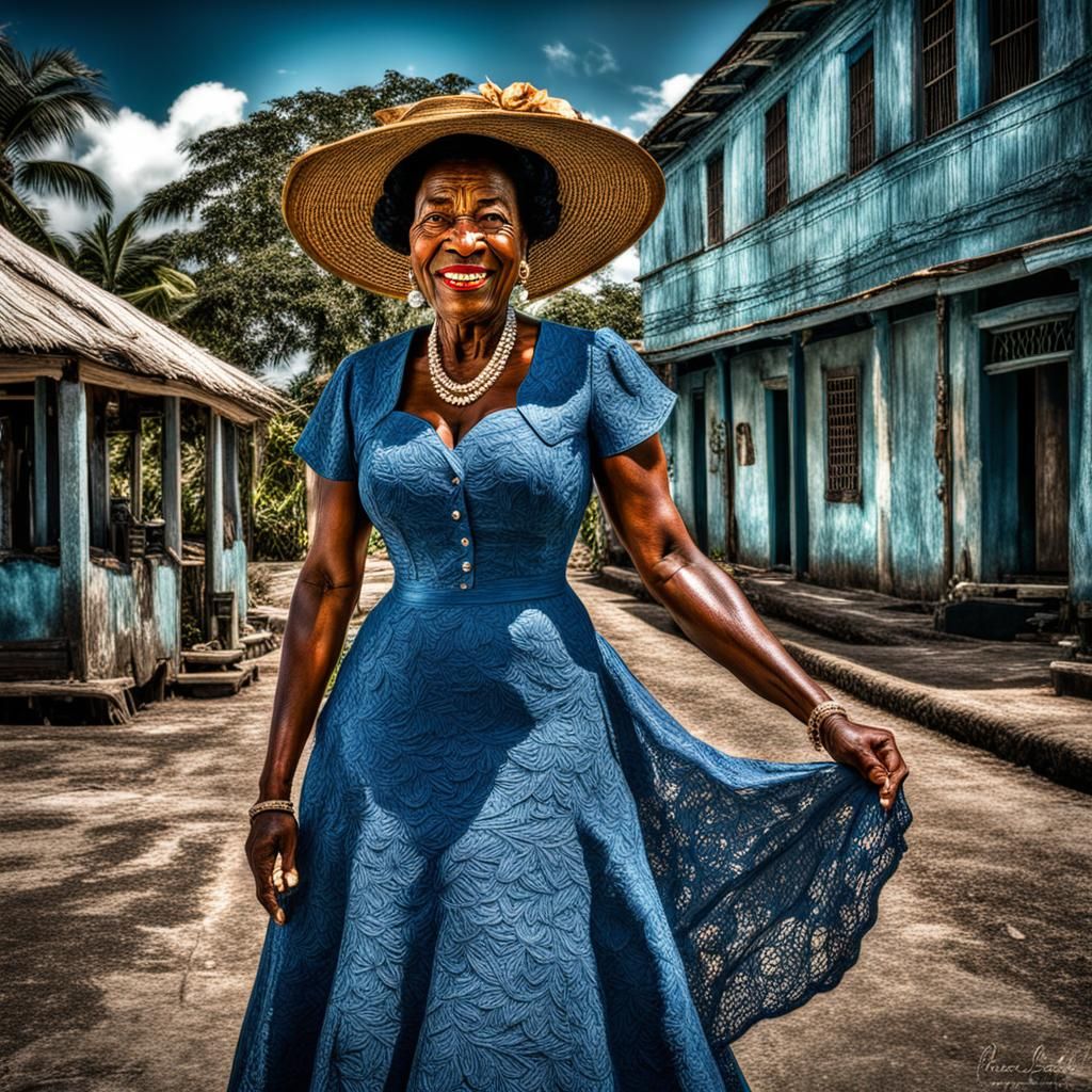 Happy 1950s Jamaican Woman in Blue Dress