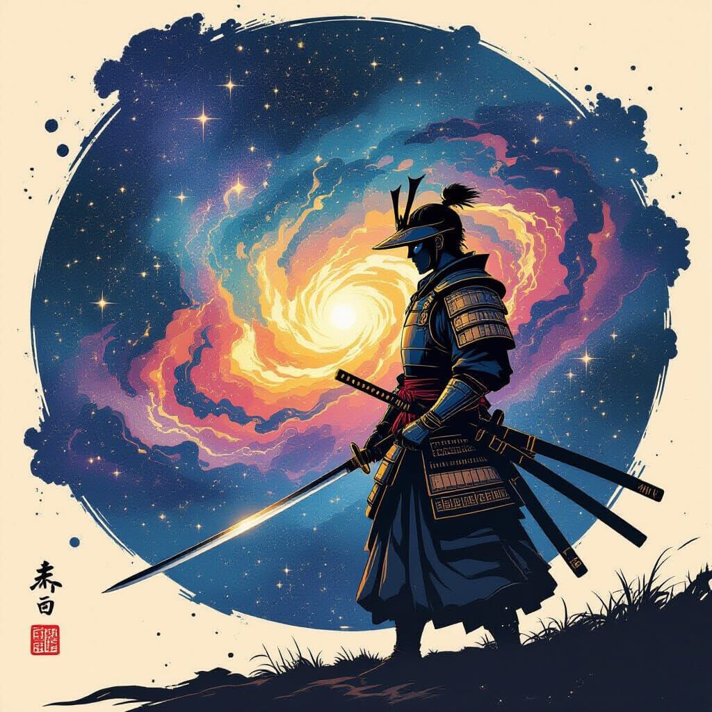 Samurai Warrior in Cosmic Nebula, Ukiyo-e Style