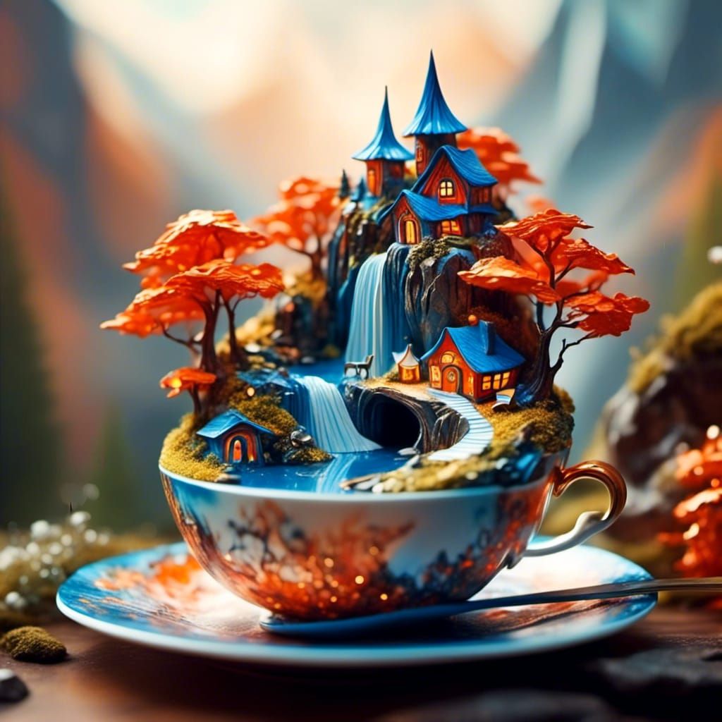Magical Hut in Porcelain Cup: Whimsical Concept Art