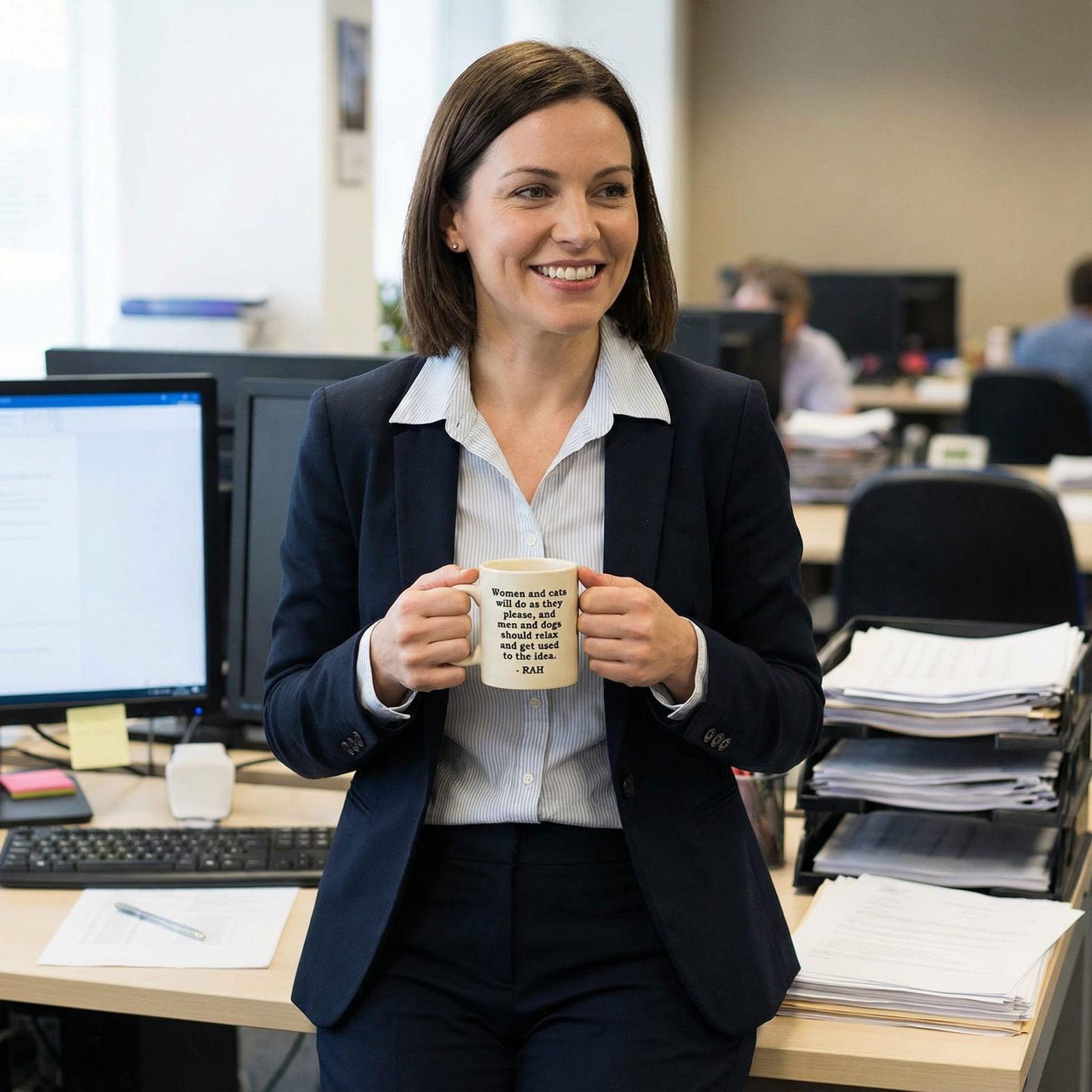 Secretary Woman Holds Coffee Mug with Empowering Quote