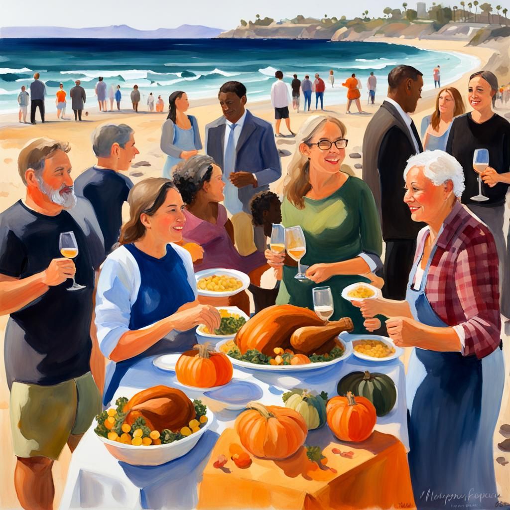 Thanksgiving Feast on San Diego Beach in Gouache Style