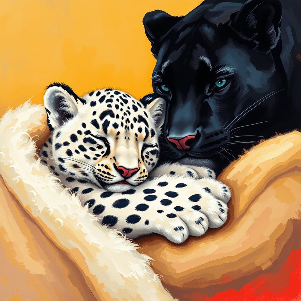 Whimsical Snow Leopard and Panther Slumber in Golden Gouache