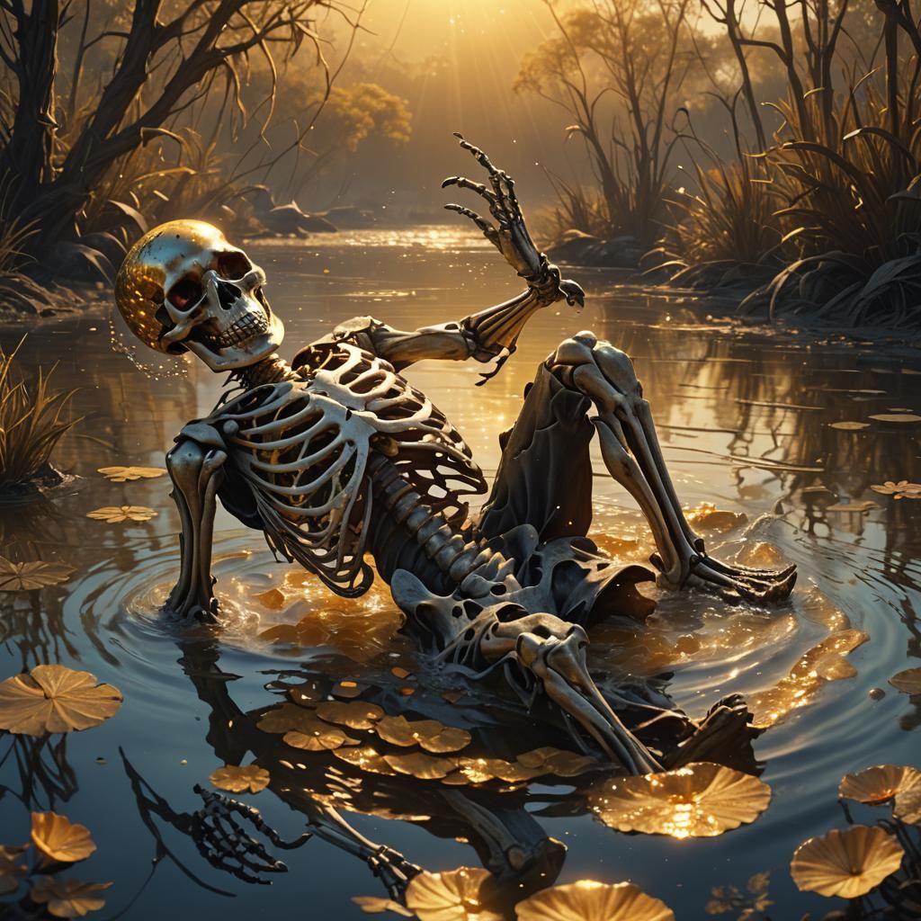 Skeleton Catches Catfish in Savanna River