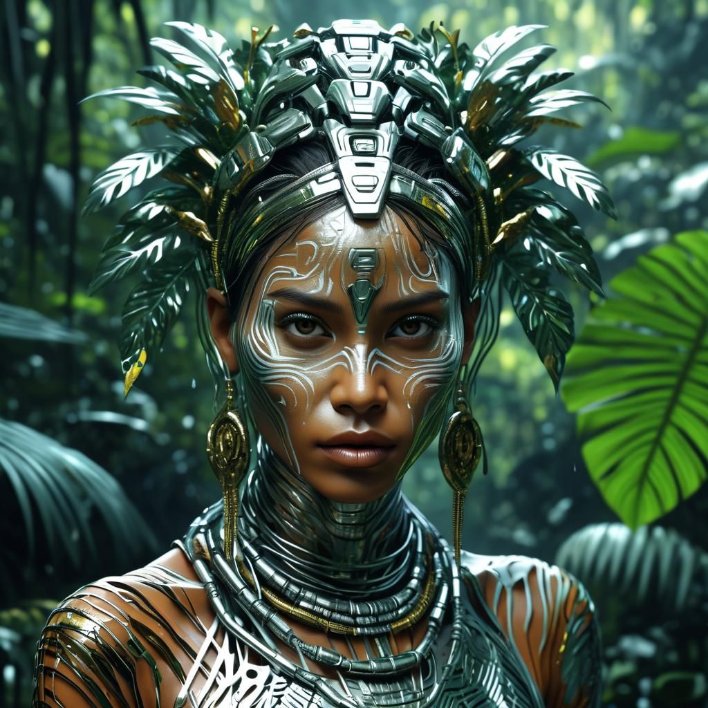 Mystic Jungle Woman in Liquid Metal Style, 3D Render
