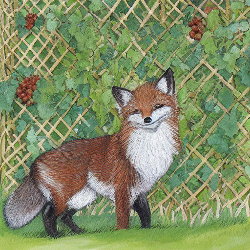 Whimsical Fox Reaches for Grapes in a Sunlit Garden