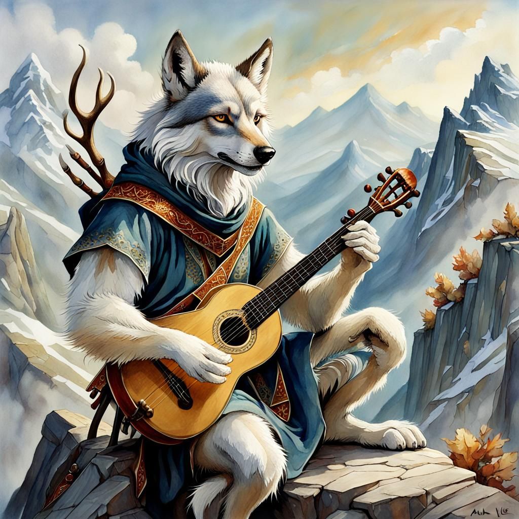 Anthropomorphic Wolf Minstrel Plays Lute Under Starry Night...