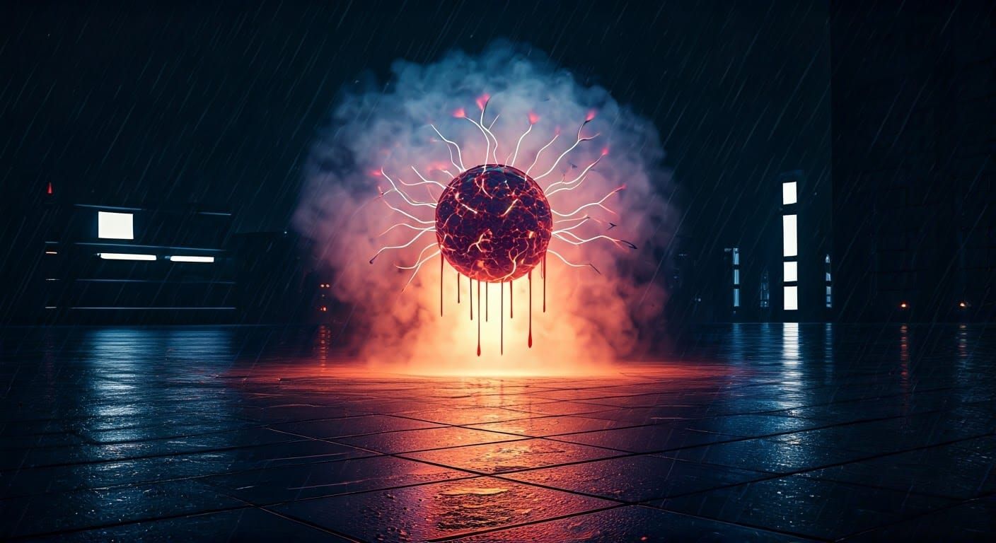 Surreal Plasma Orb Sinks Amidst Futuristic City Rain