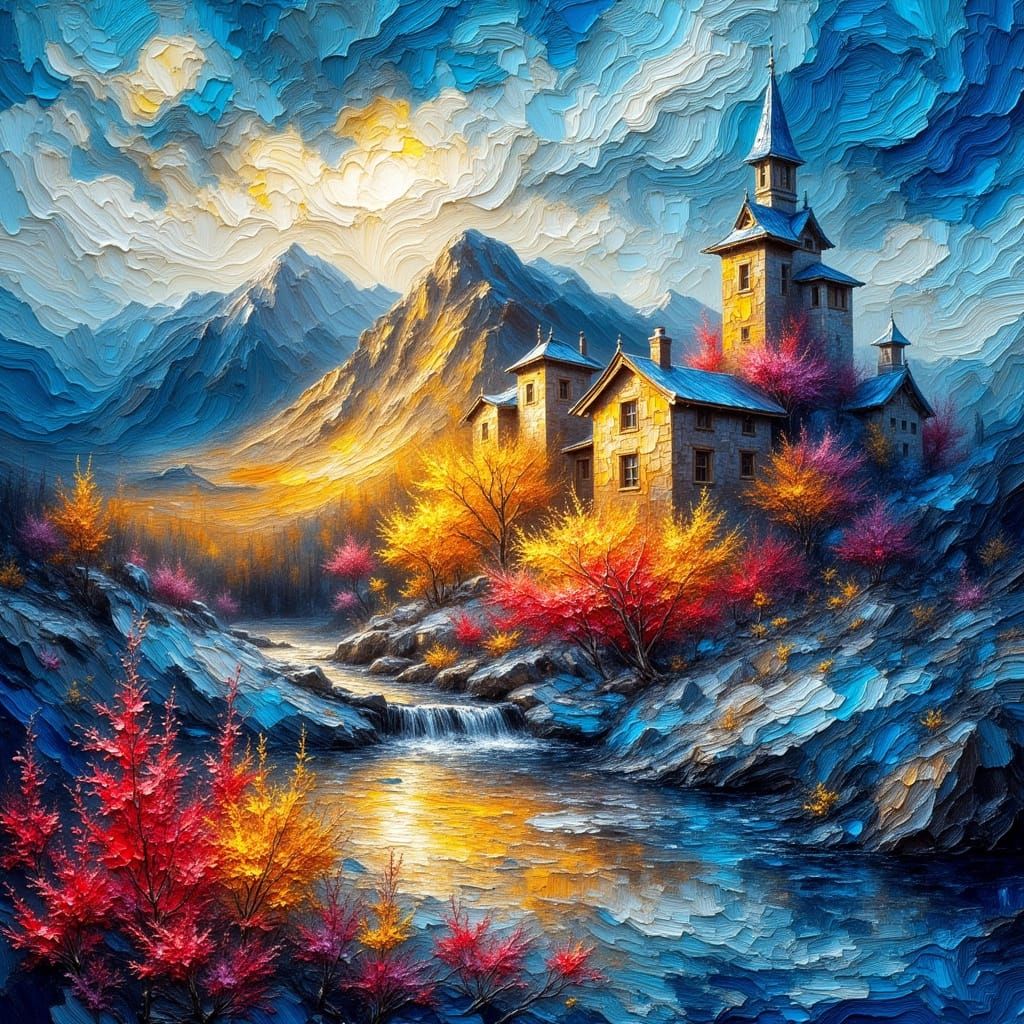 Impasto Oil Painting of Yellow Mountains Under Red Sky