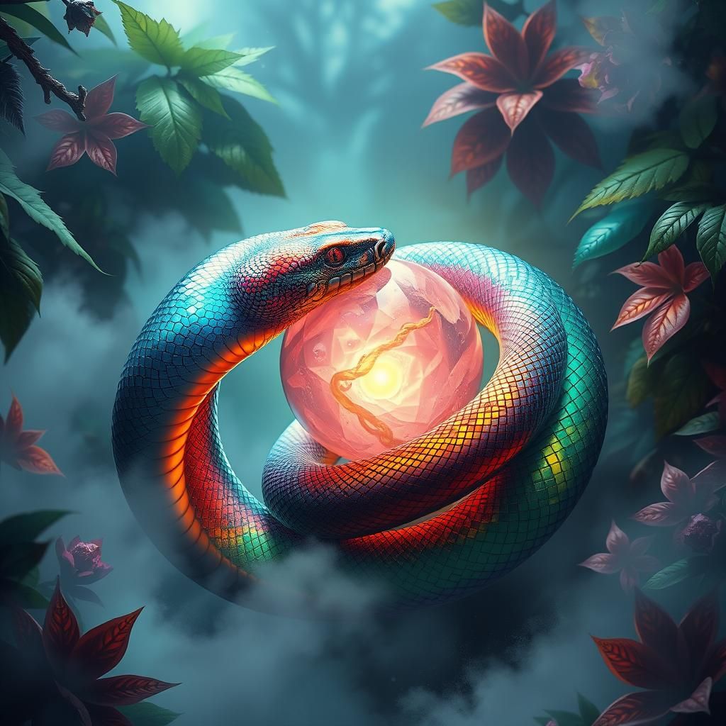 Vibrant, iridescent snake coiled around a glowing crystal orb, surrounded by an ethereal aura of misty, fantastical jung...