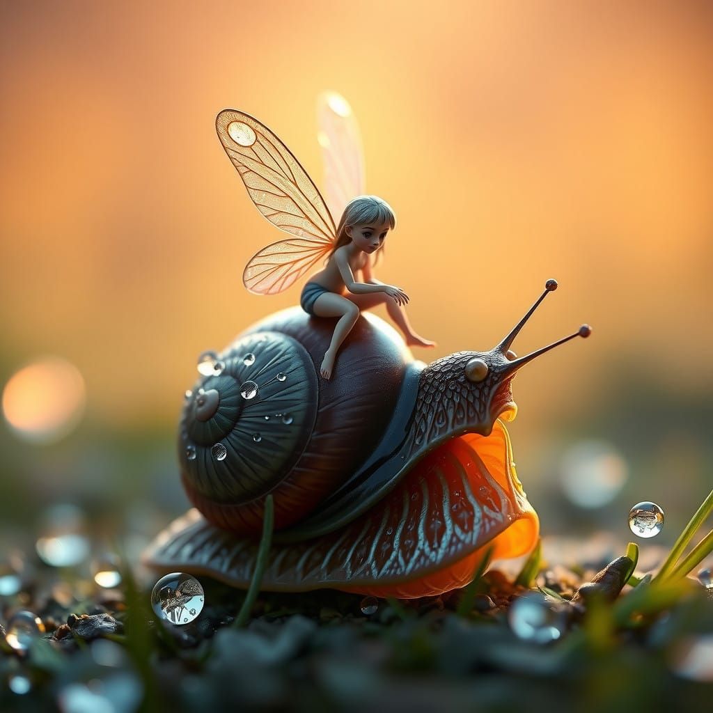 Tiny Fairy Rides a Majestic Snail Under Morning Dew