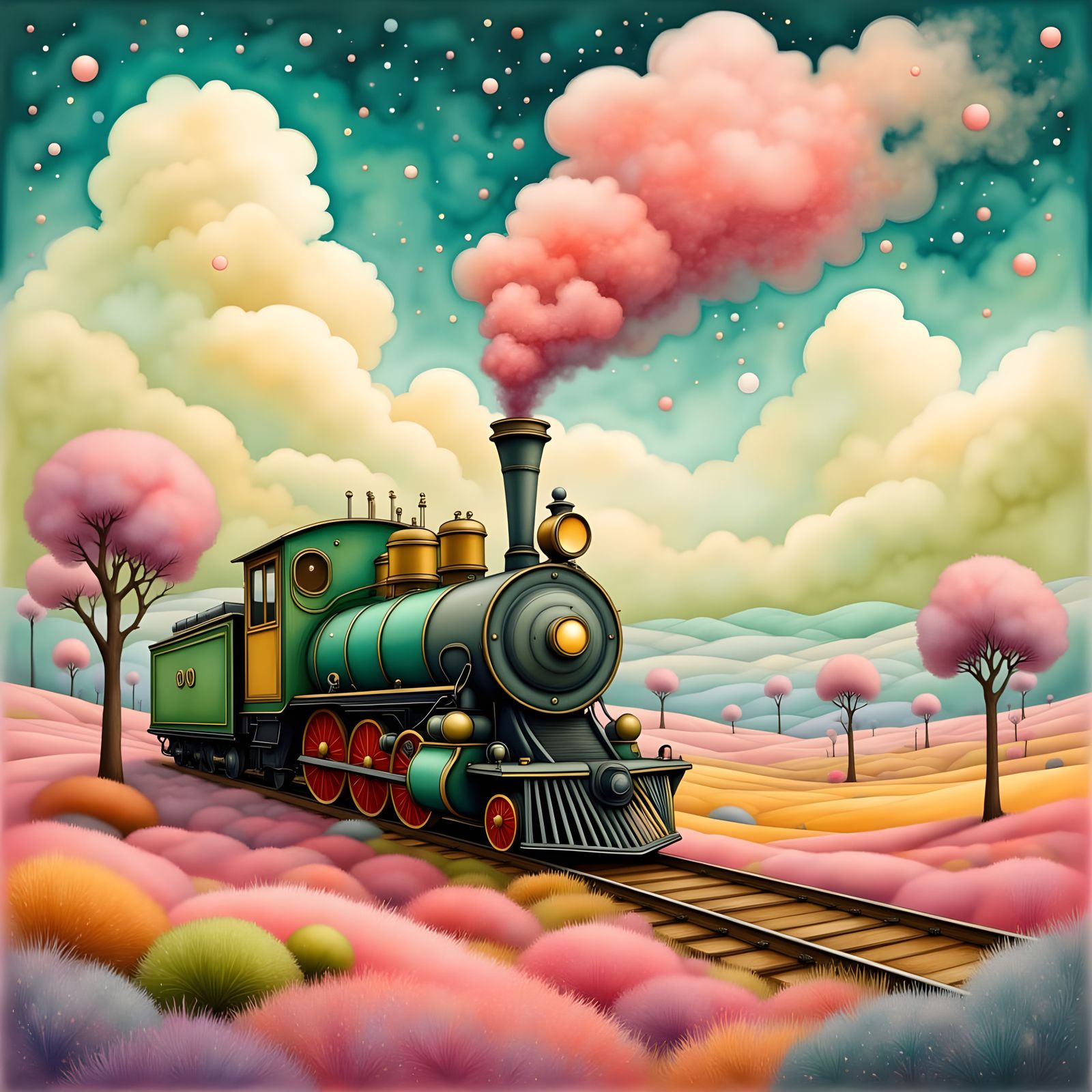 The sky was candy luminous edible spry pinks shy lemons
greens coo 1 chocolates.
under, a locomotive ...