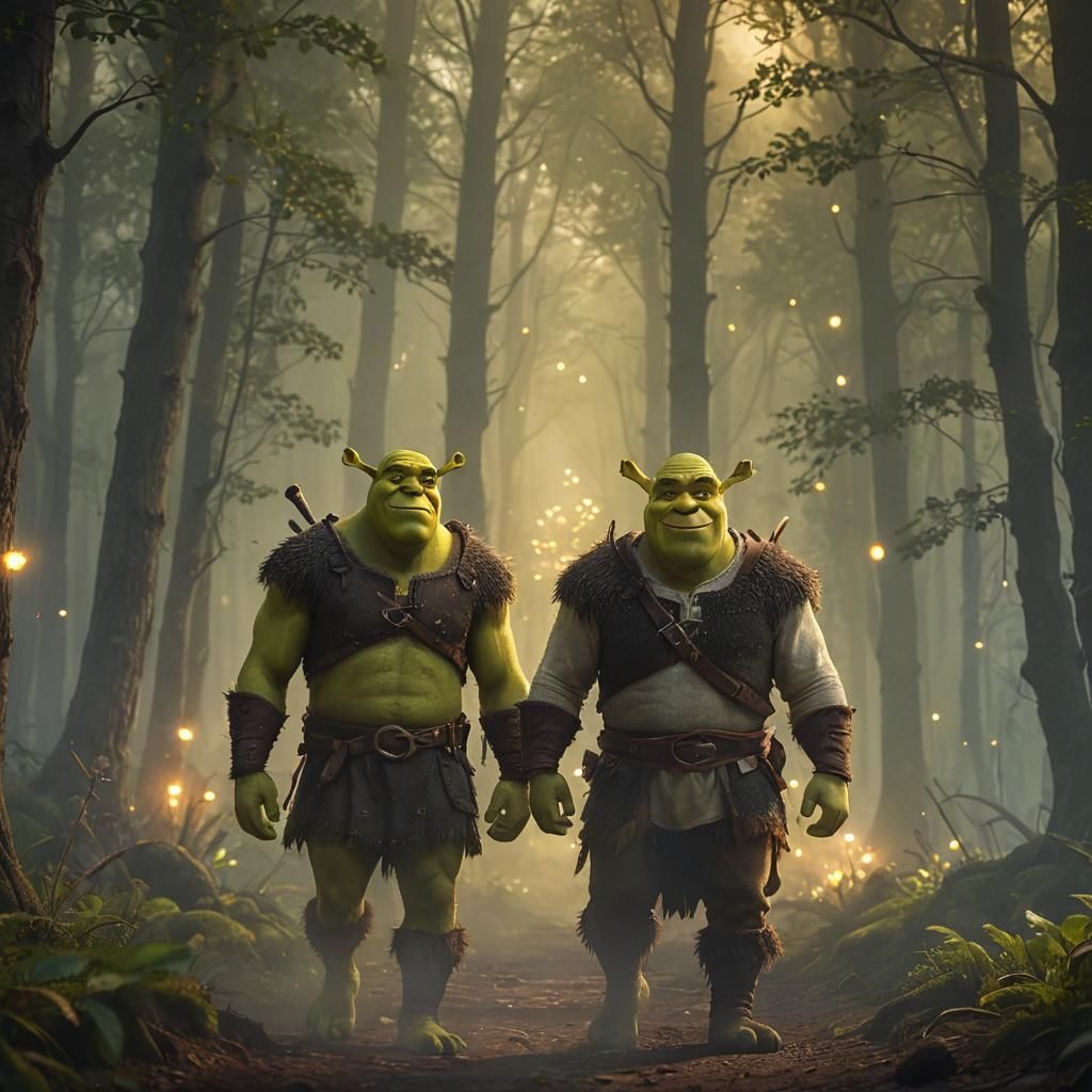 Shrek and Donkey in Mystical Forest: Cinematic Oil Painting