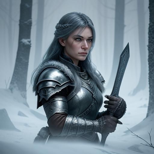 Icy Barbarian Woman in Nordic Forest: Dark Fantasy Art