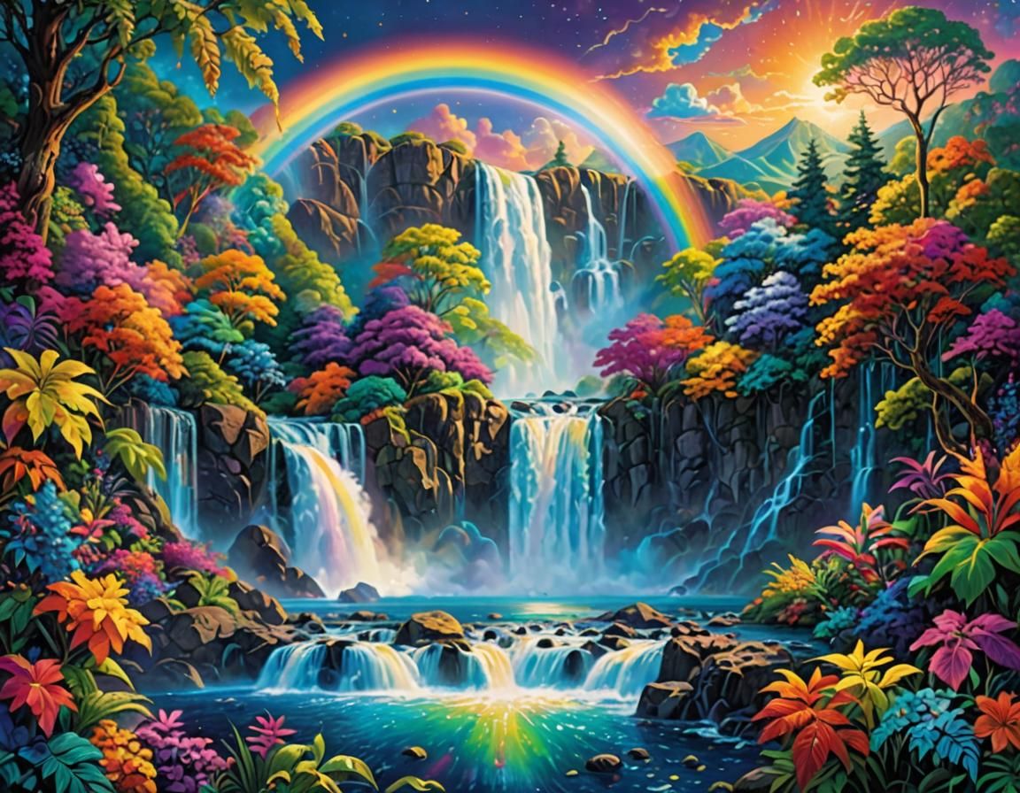 A rainbow over a waterfall