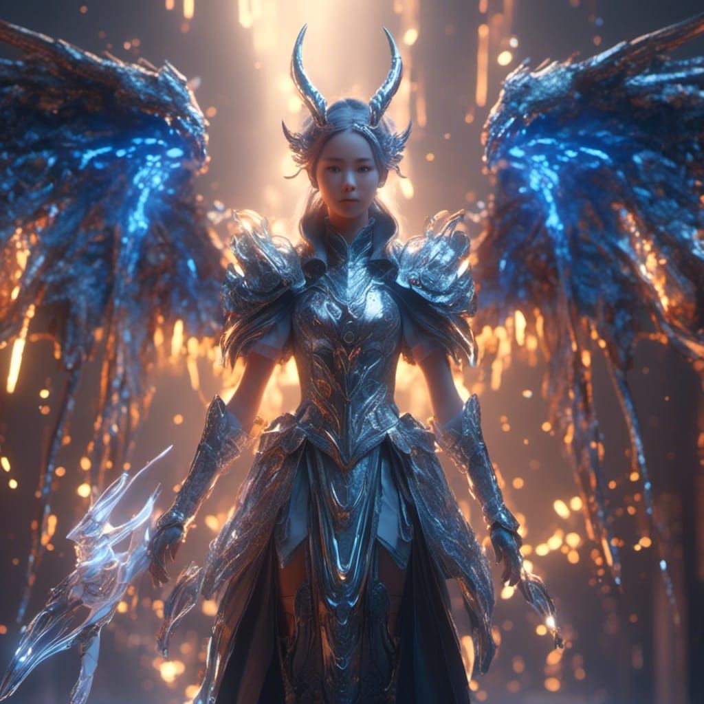 Futuristic Angelic Human with Dragon Wings in Anime Style