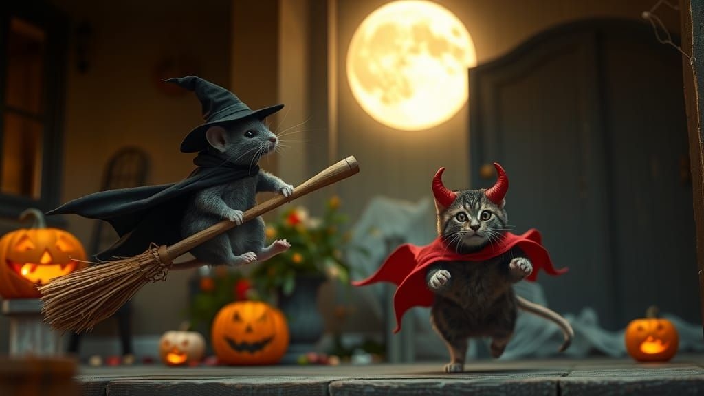 Halloween Mouse and Devil Cat on Spooky Porch