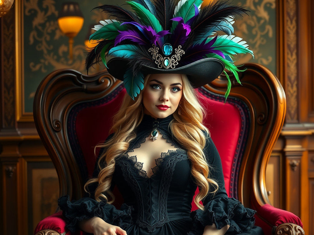 Woman in Velvet Gown with Feathered Hat