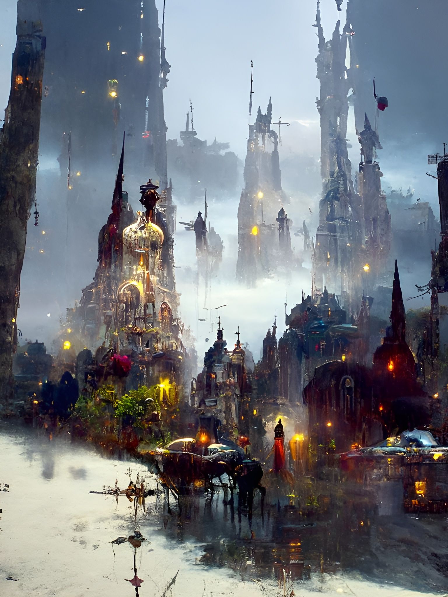 Fantasy Victorian Cityscape with Aurora, Digital Art