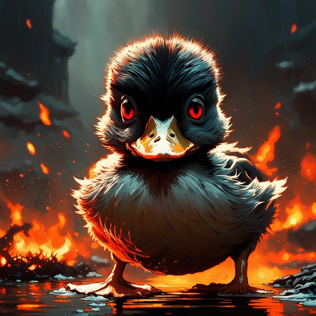 Terrifying Fiery Duckling in Hyperrealistic Style