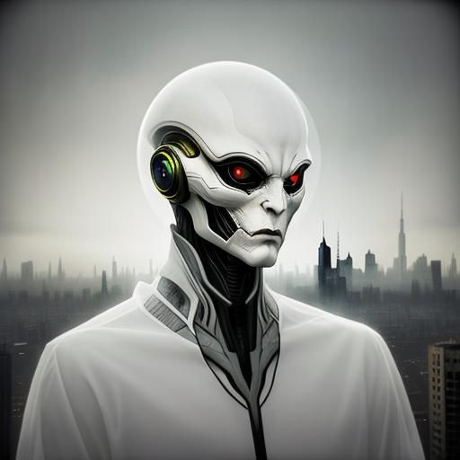 Surreal Alien in Dystopian Cityscape Double Exposure