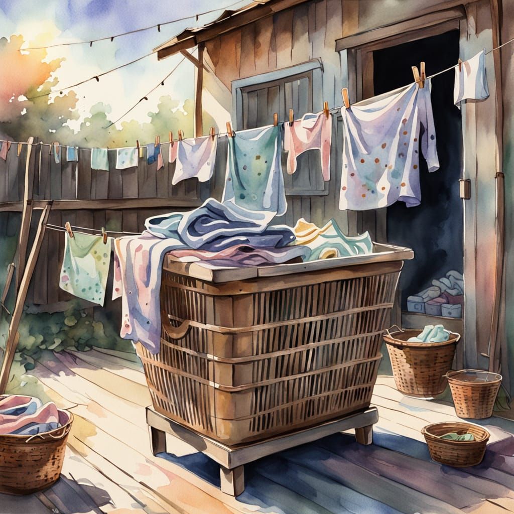Whimsical Watercolor: Man on Laundry Basket