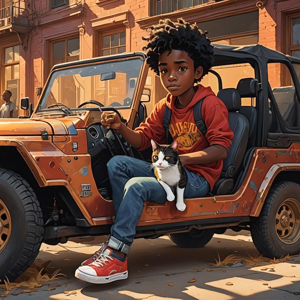 Boy and Cat in Jeep: Fantasy Concept Art