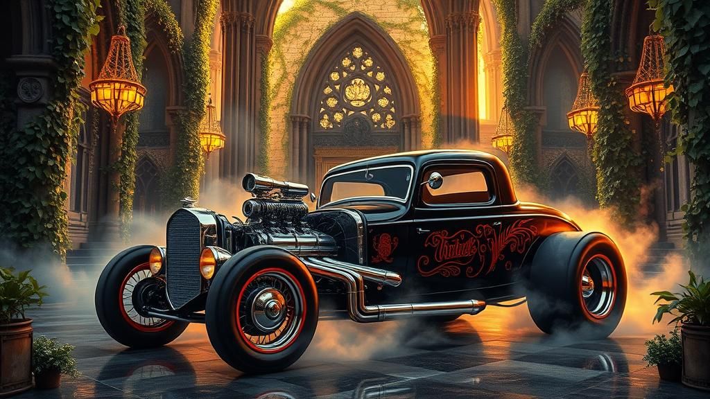 Gothic Hot Rod in Mystical Cathedral, Watercolour Art