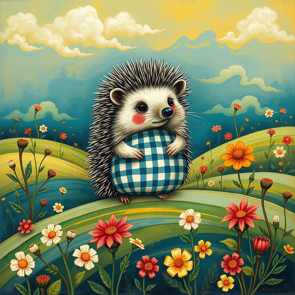 Whimsical Gingham Hedgehog in Dreamlike Landscape