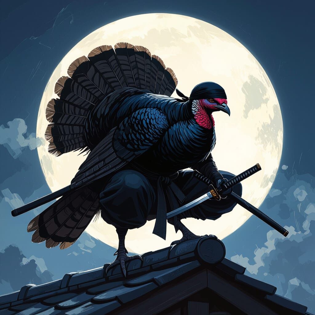 Stealthy Ninja Turkey on Moonlit Rooftop
