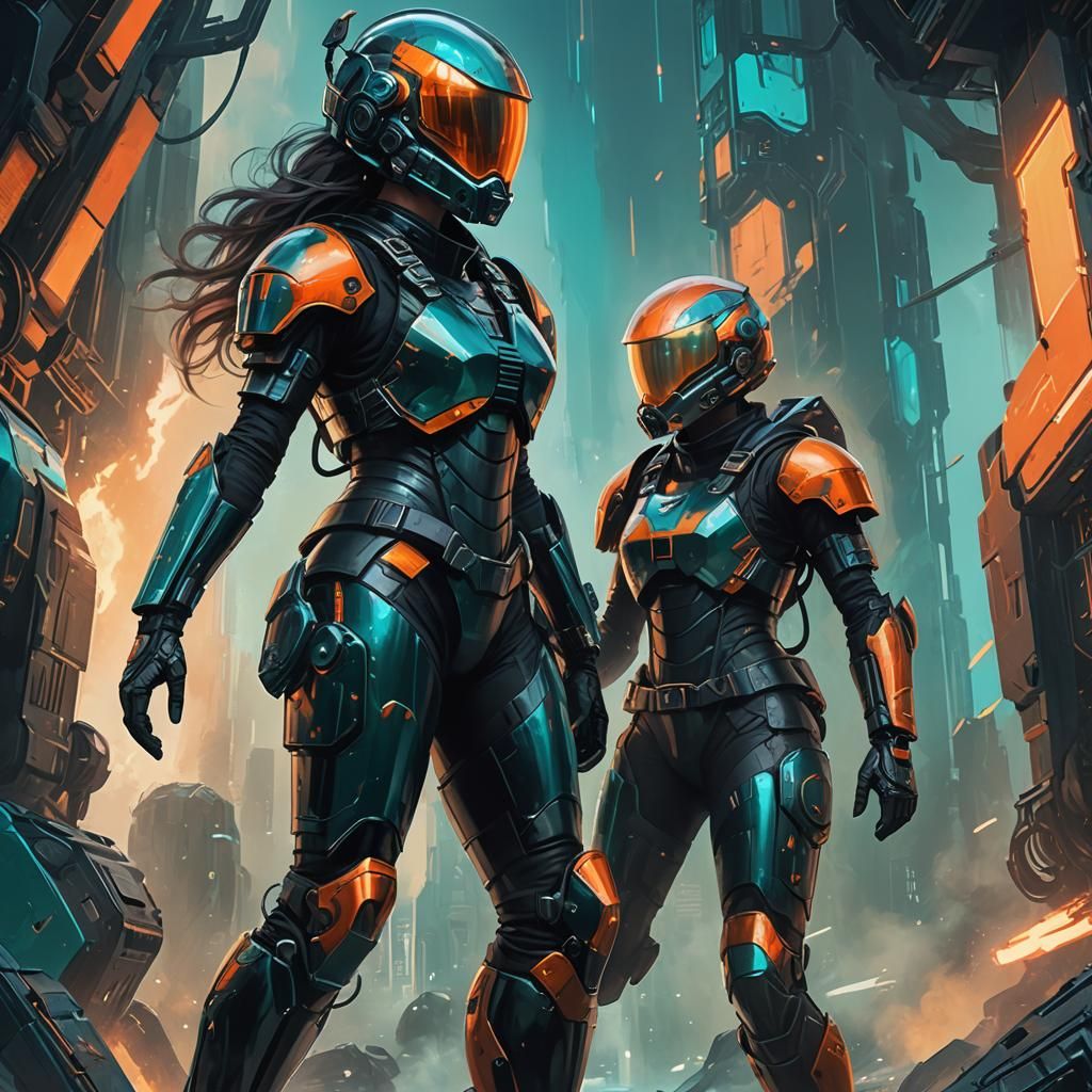 Futuristic Armored Woman with Jetpack in Digital Art