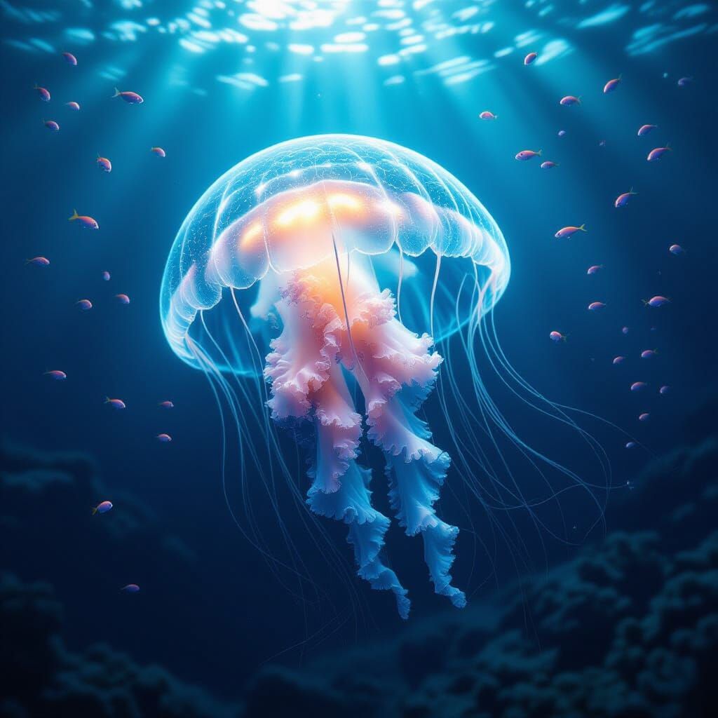 Bioluminescent Jellyfish in Deep Sea Trench, Otherworldly Gl...