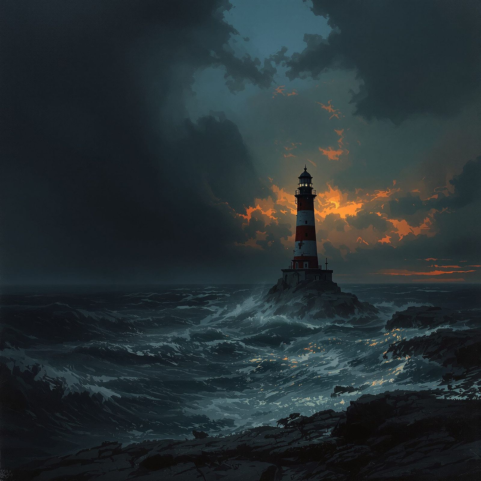 Atmospheric Lighthouse in Twilight Storm