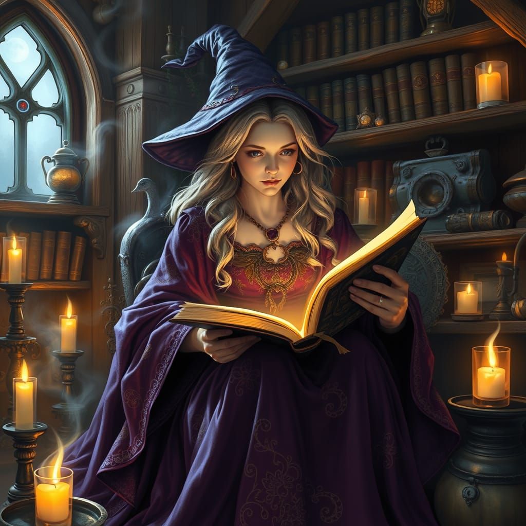 Mystical Witch Studies Ancient Tomes in Candlelit Cottage