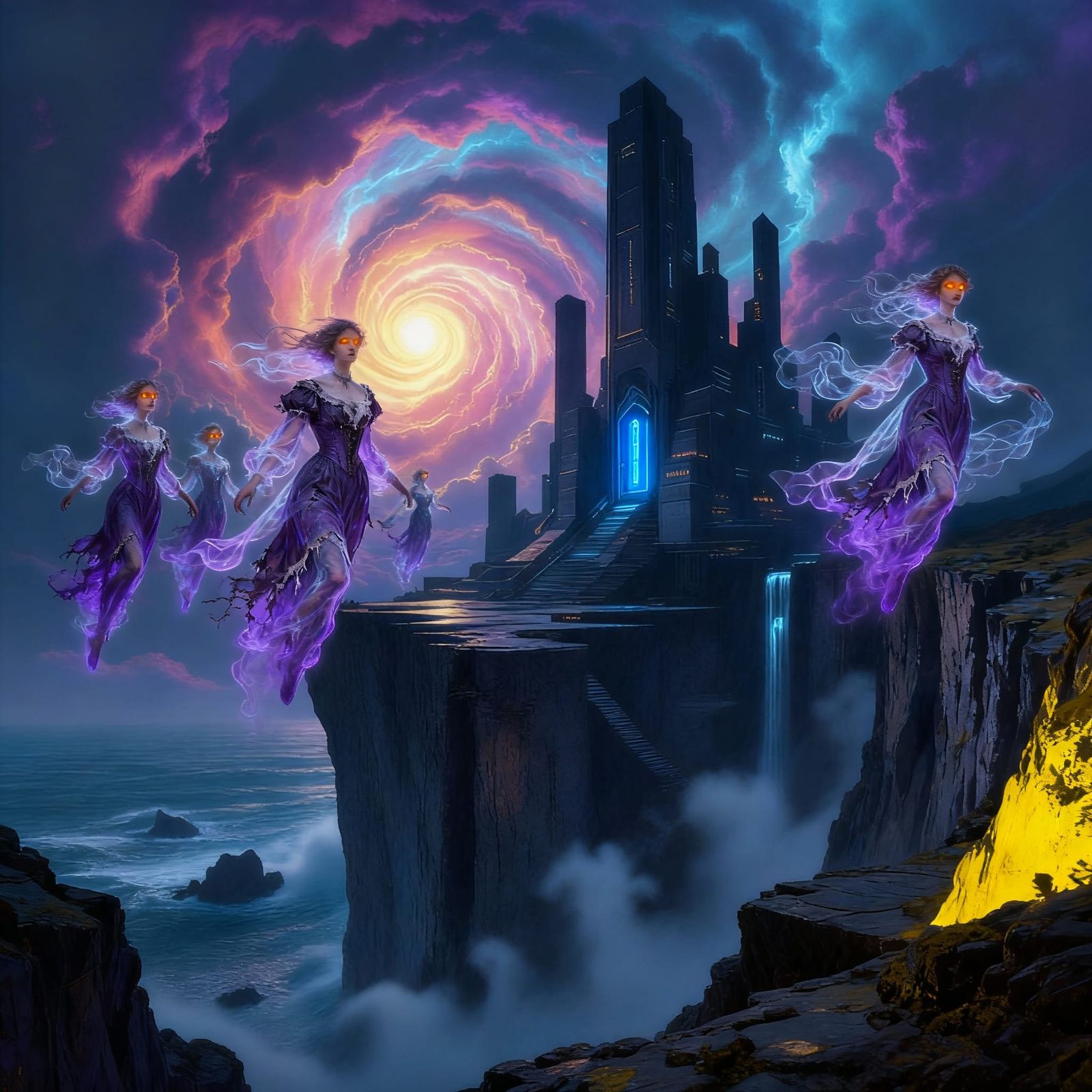 Ethereal Women Float Above Canyon Before Mountain Castle